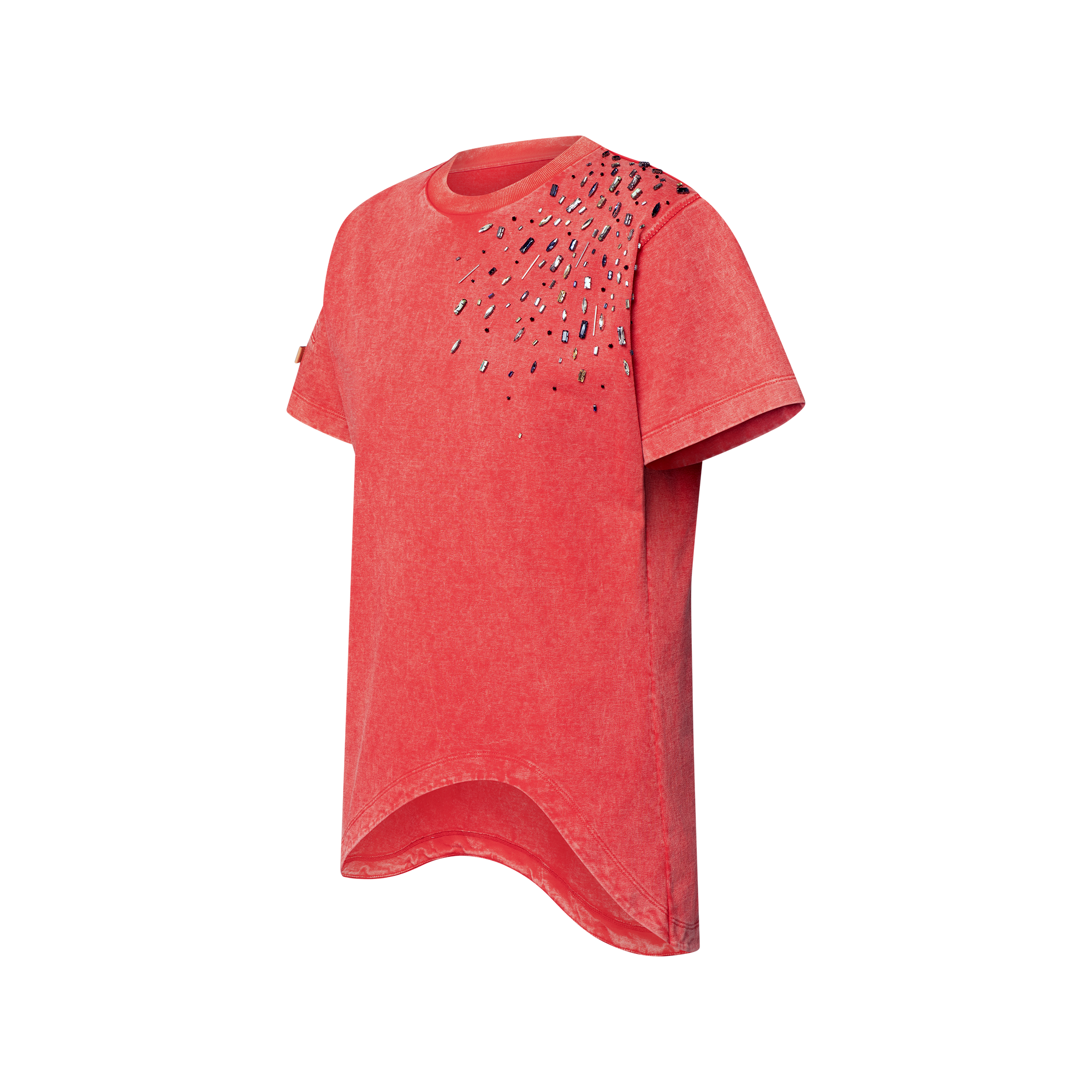 Bead Accent Curve Hem T-Shirt  in Wanita