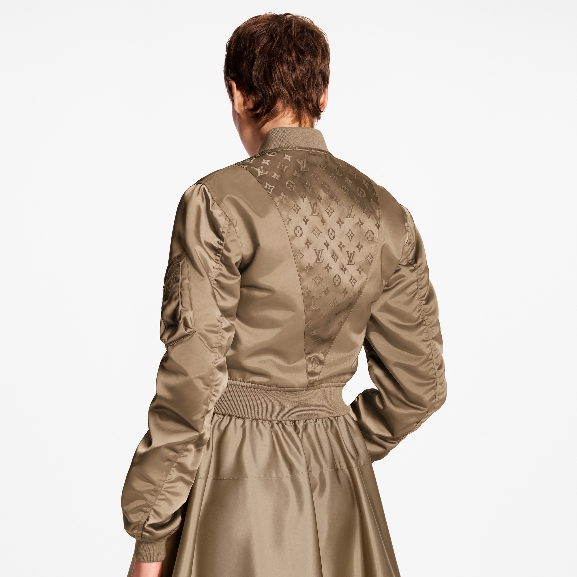 Cropped Ruched-Sleeve Bomber Jacket  in Wanita