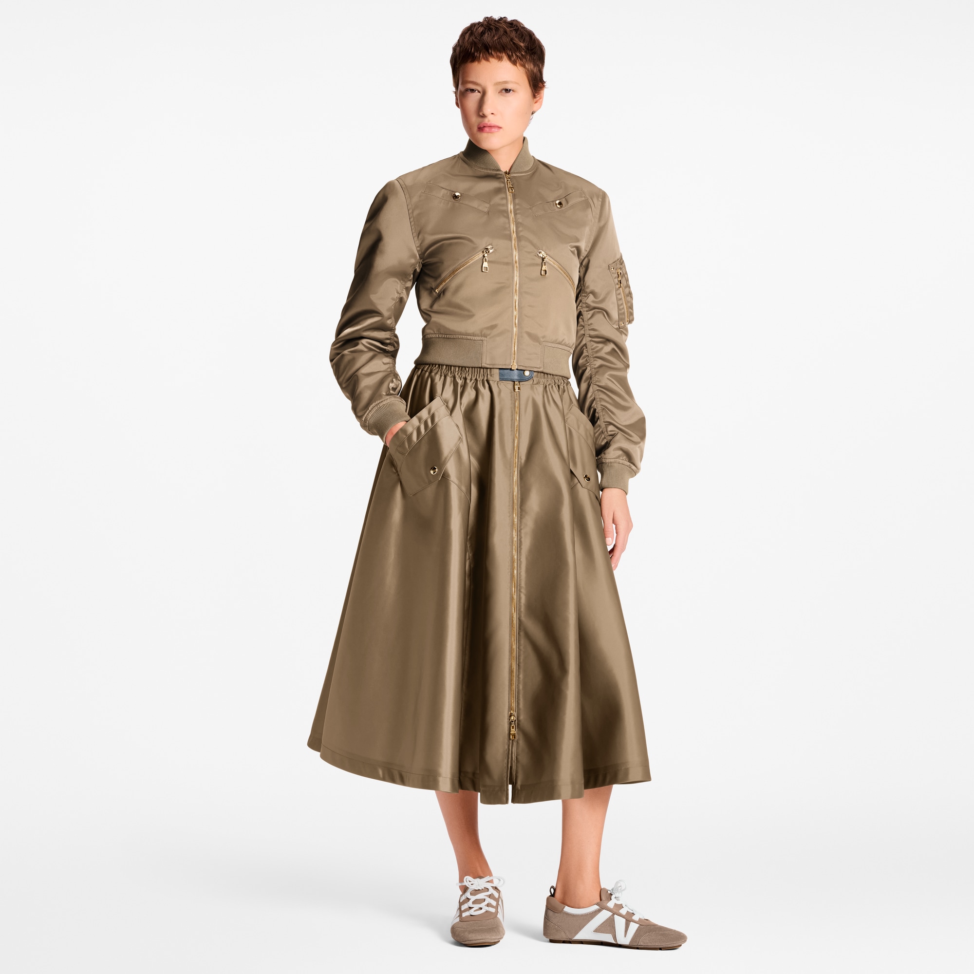 Cropped Ruched-Sleeve Bomber Jacket  in Wanita