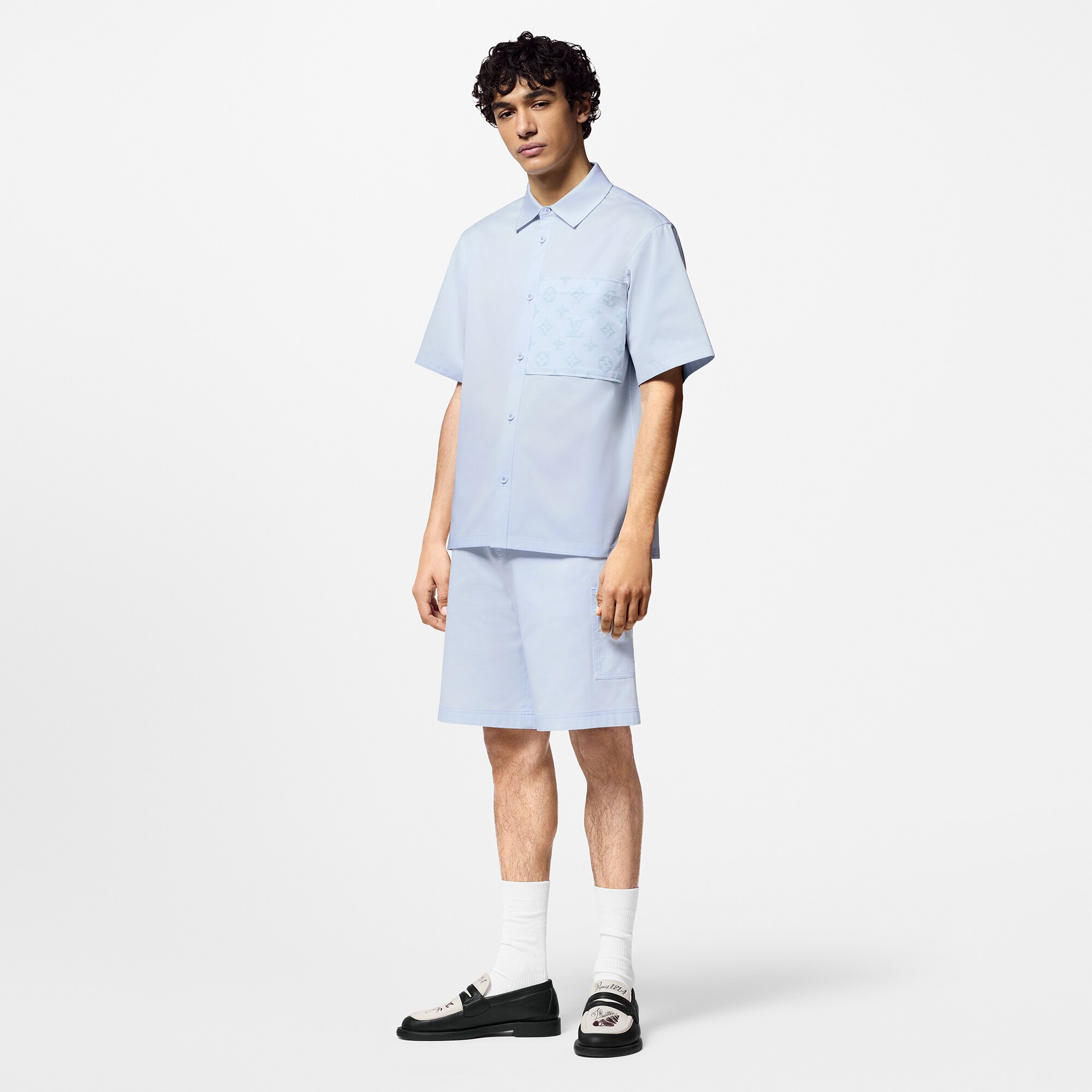 Flocked Short-Sleeved Cotton Shirt  in Pria