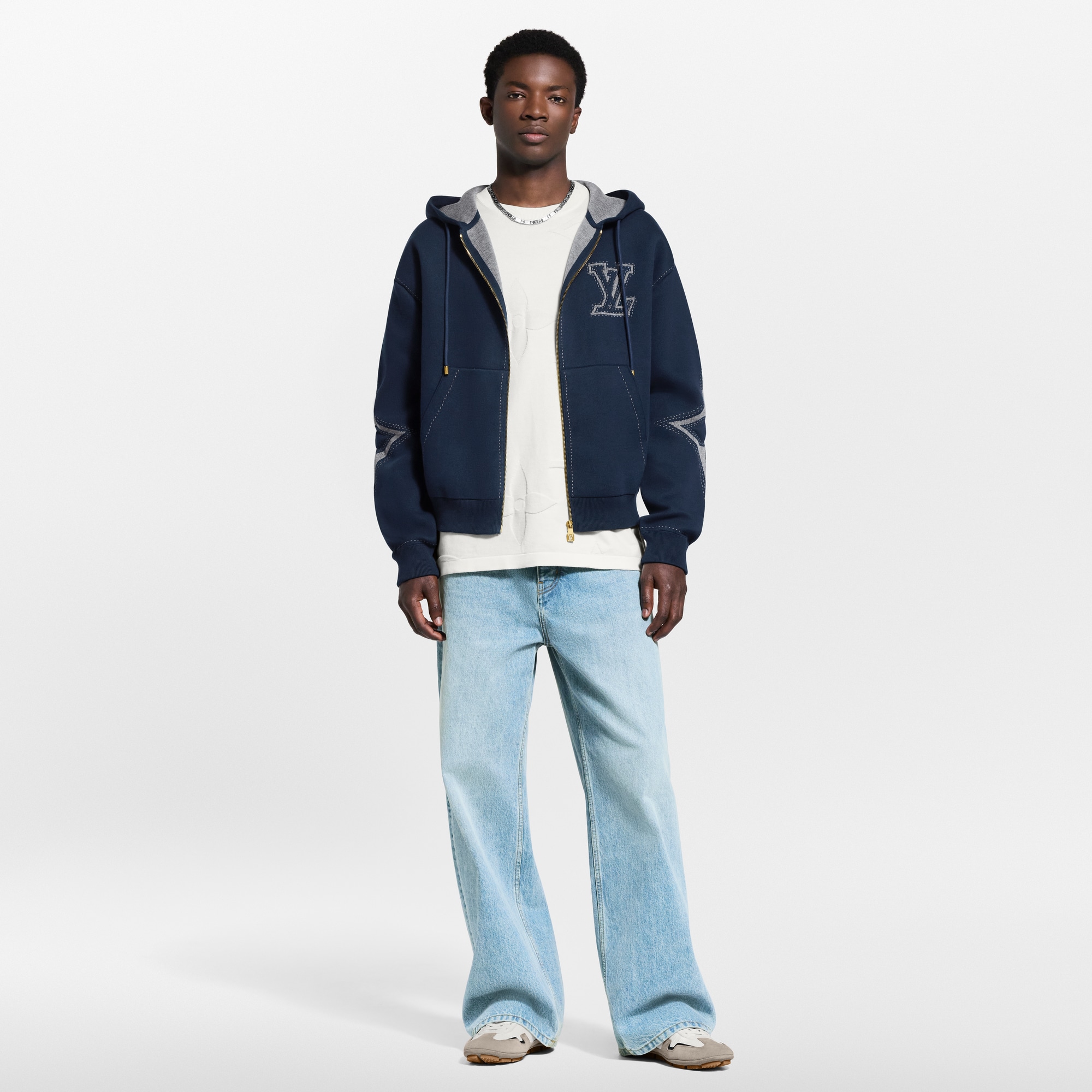 Graphic Intarsia Zipped Cotton Hoodie  in Pria