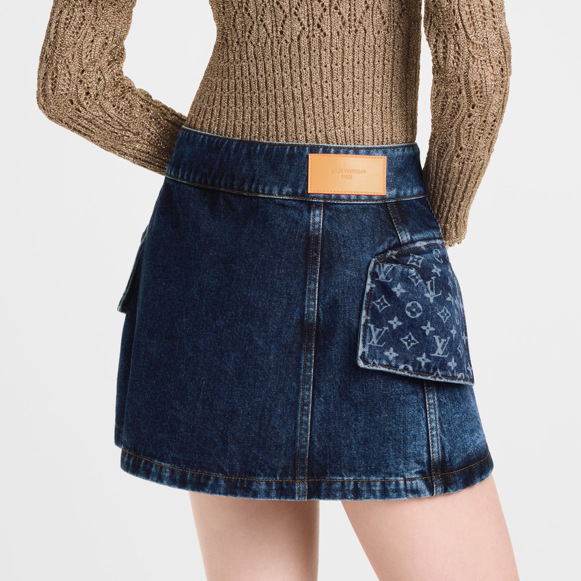 Monogram Accent Raw Denim Mini Skirt  in Wanita