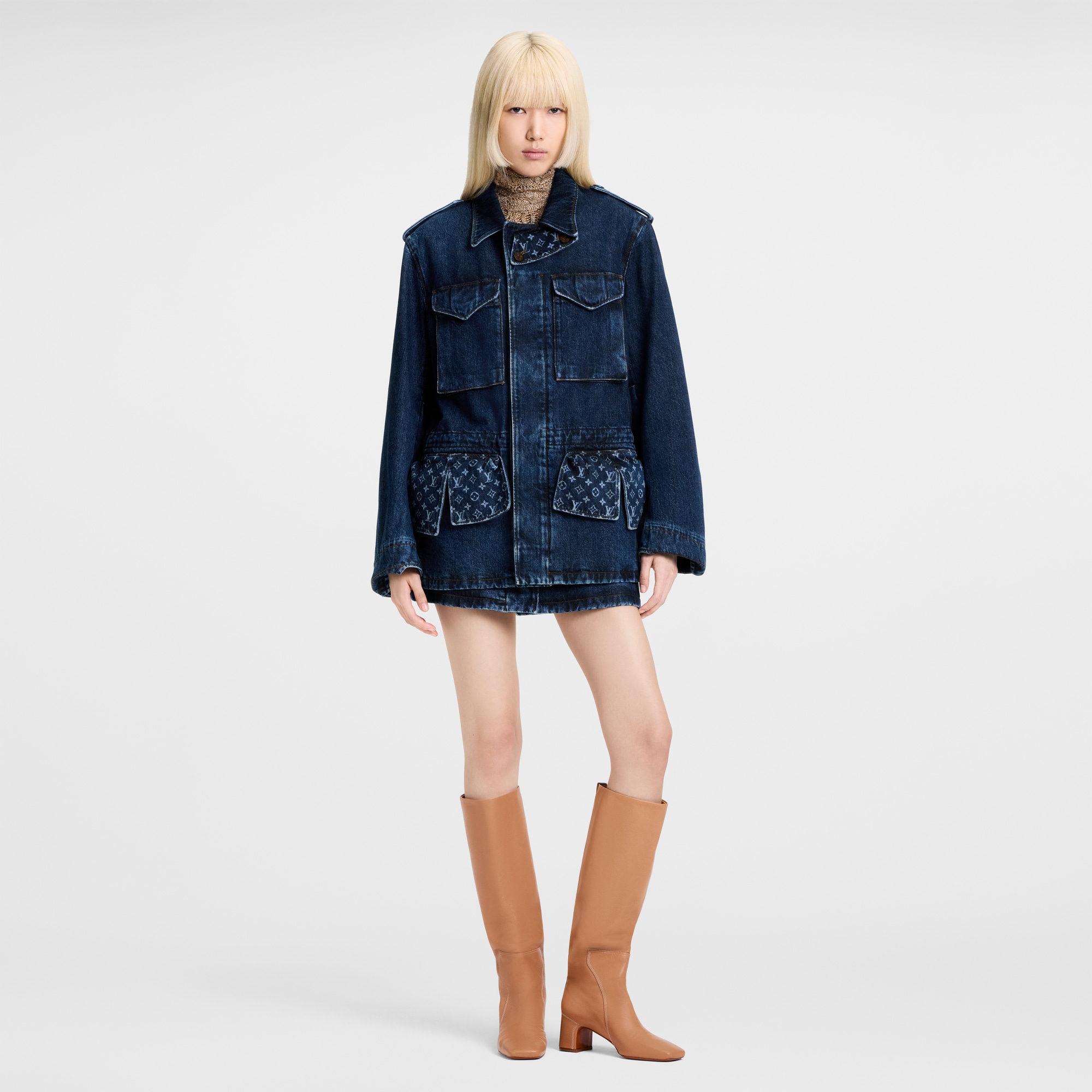 Monogram Accent Raw Denim Safari Jacket  in Wanita