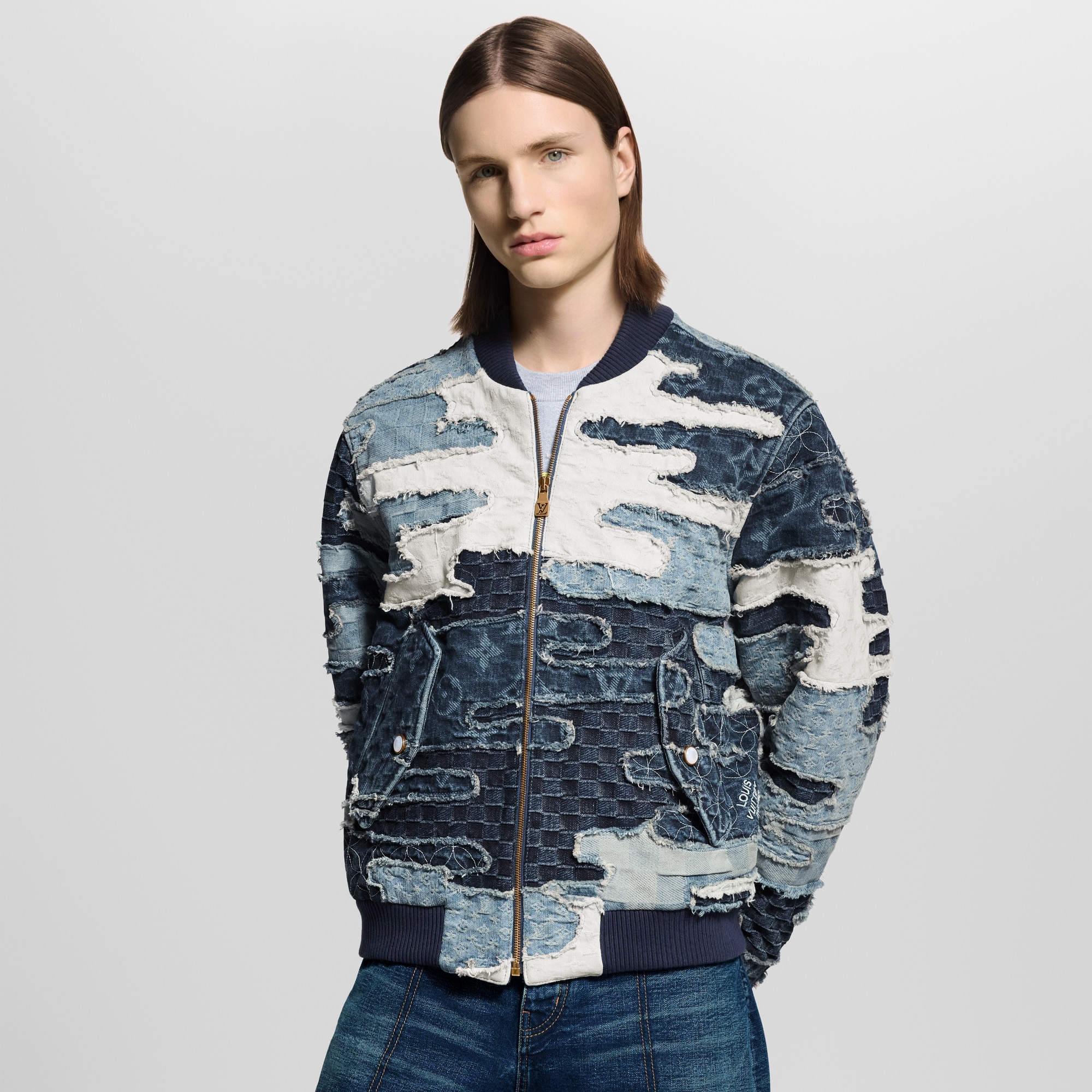 Patchwork Denim Bomber Jacket  in Pria