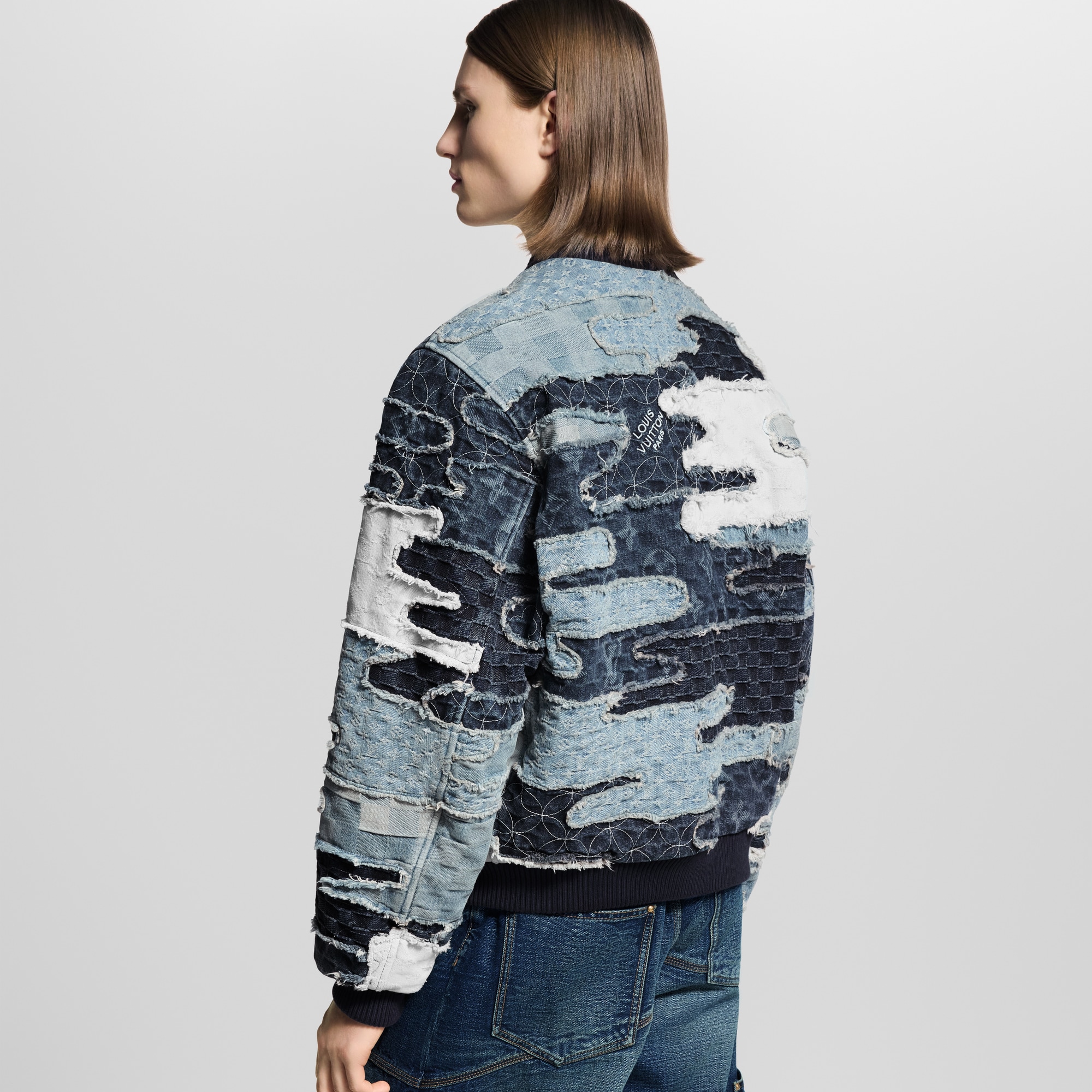 Patchwork Denim Bomber Jacket  in Pria